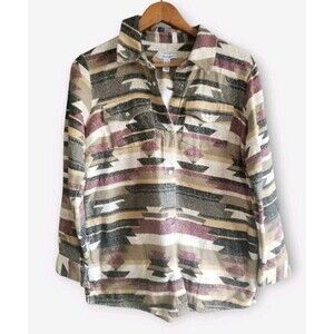 Canyon Retreat Top Womens Small Brown Aztec Tribal Flannel Shacket Pearl Button